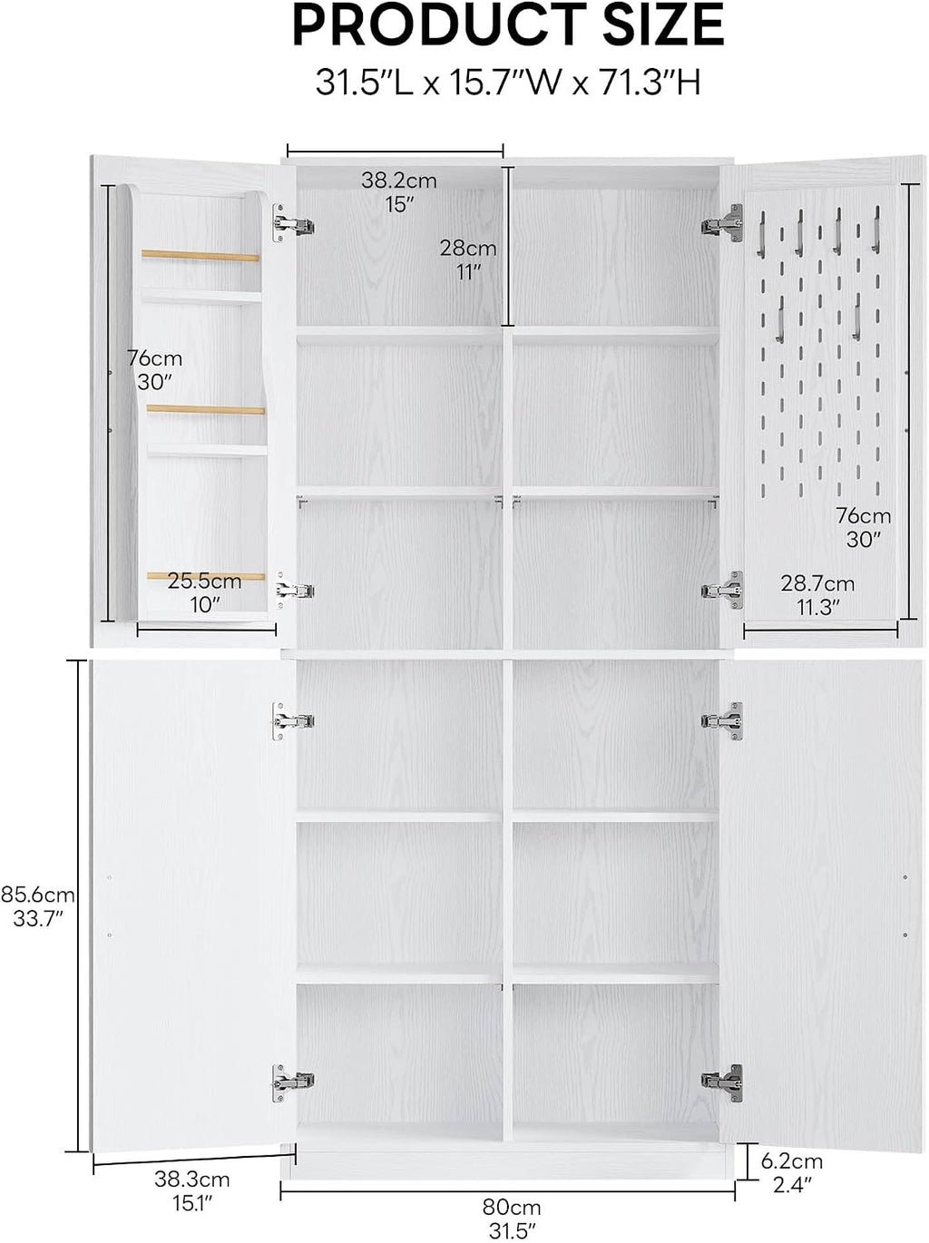 IRONCK 71' Kitchen Pantry Storage Cabinet with Storage Rack, Pegboard Doors, 4 Adjustable Shelves, Food Pantry Cabinet, Freestanding Tall Cupboard for Dining Room, Kitchen, White