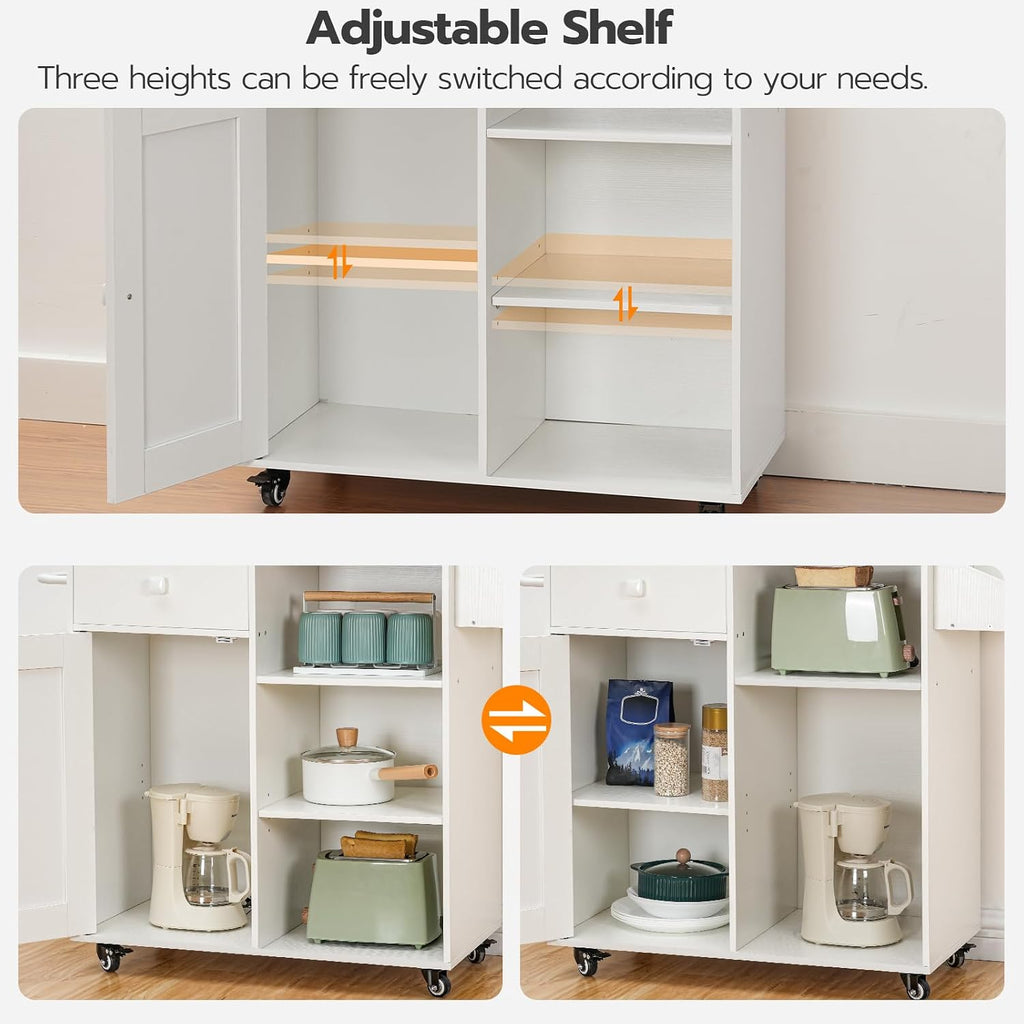 HOOBRO Kitchen Island, Storage Cabinet with Drawer, Kitchen Cart with Spice and Towel Rack, Saving Space, Easy Assembly, for Living Room, White and Natural WN12ZD01