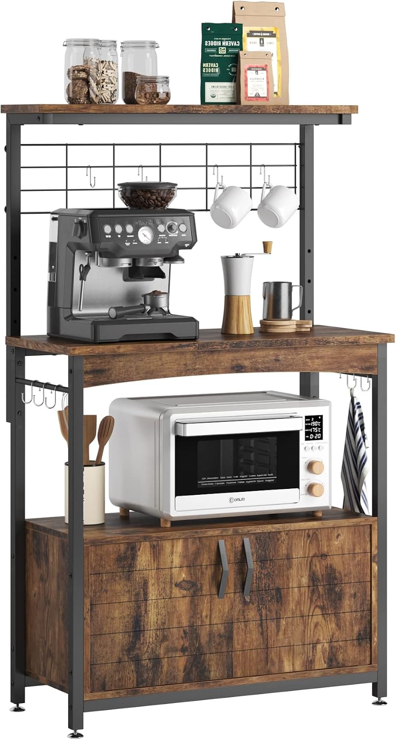 Bestier Bakers Racks with Storage Cabinet, Height-Adjustable 45' to 55' Microwave Stand for Kitchen with Wheels & Feet, Industrial Rolling Coffee Bar Shelf with 10 S-Hooks Rustic Brown