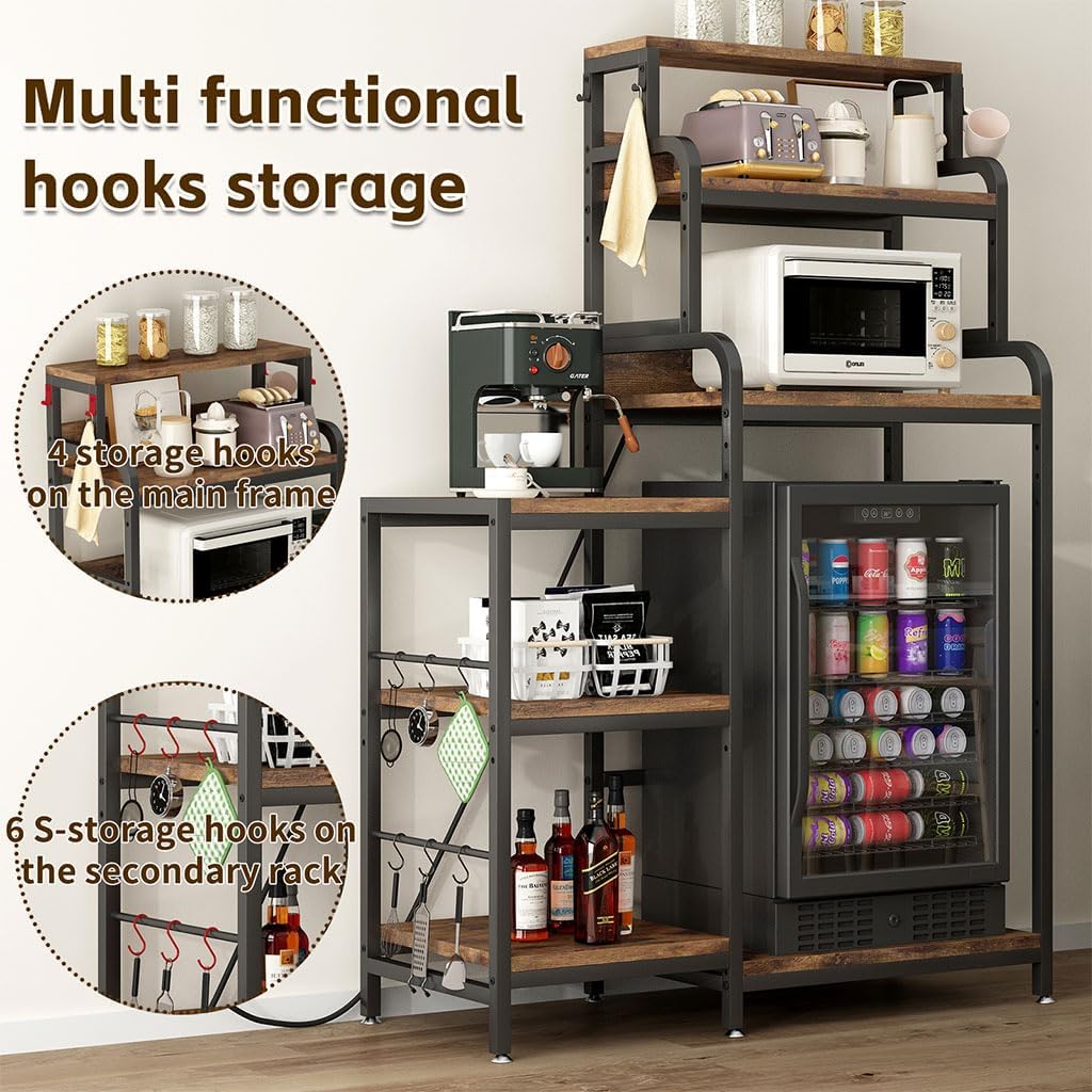 7-Tier Mini Fridge Stand with Power Outlets, Coffee Bar Cabinet with Fridge Space, Microwave Stand and Storage Shelves, Vintage Brown Metal Frame Kitchen Baker's Rack for Home, Dorm & Office