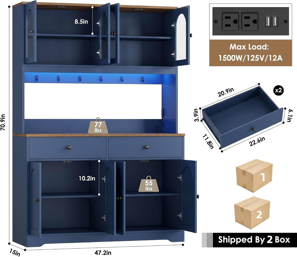 HIFIT 71' LED Kitchen Pantry Cabinet with Power Outlet, Large Kitchen Hutch Cabinet with 2 Storage Drawers & Arched Door, Countertop & Hooks, Tall China Bar for Dining Living Room (Blue)