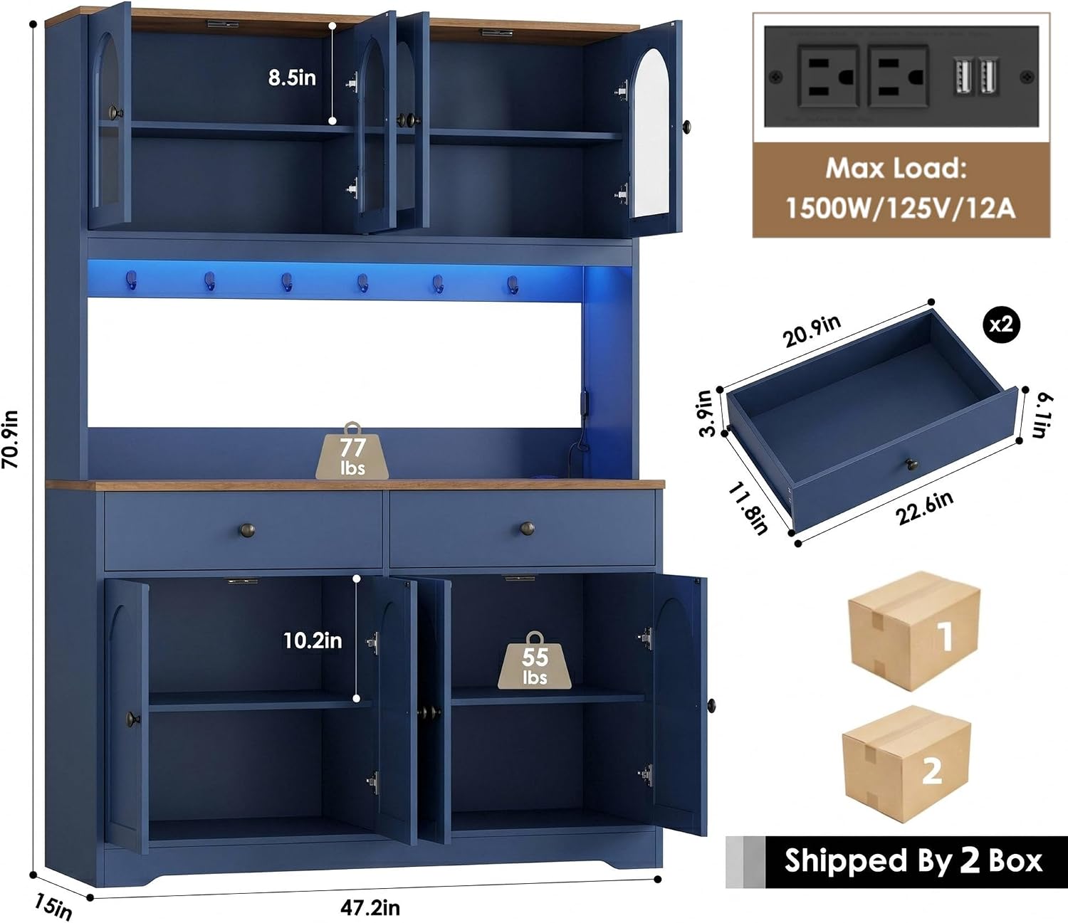 HIFIT 71' LED Kitchen Pantry Cabinet with Power Outlet, Large Kitchen Hutch Cabinet with 2 Storage Drawers & Arched Door, Countertop & Hooks, Tall China Bar for Dining Living Room (Blue)