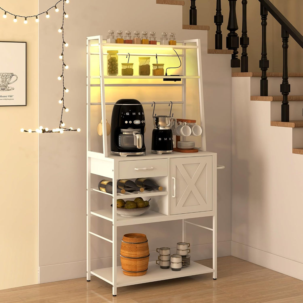 Rack with Power Outlet and LED Lights, Coffee Bar with Storage Shelves, Industrial Microwave Stand with Wine Bottle Rack, Drawer, Barn Door Cabinet, White