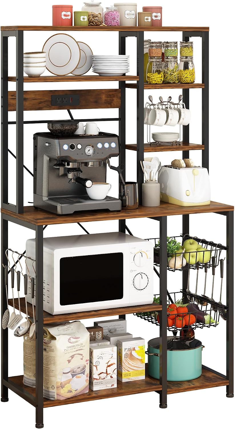 Large Bakers Rack with Power Outlets, 6-Tier Microwave Stand with 10 S Hooks, Kitchen Storage Shelf with Wire Basket, Coffee Bar Station for Kitchen and Dining Room, Rustic Brown