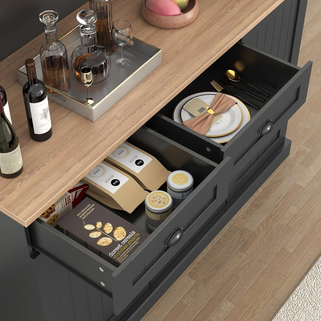 Gyfimoie Sideboard Buffet Cabinet with 2 Drawers, Farmhouse Kitchen Pantry with Adjustable Shelves, Coffee Bar Cupboard Cabinet with 3 Doors for Kitchen, Dining Room (Black)