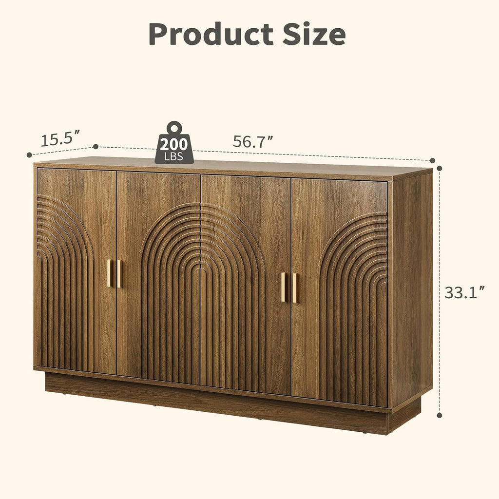 Fluted Sideboard Buffet Cabinet with Storage - 57' Credenza Coffee Bar Cabinet with 4 Doors, Accent Kitchen Storage Cabinets with Adjustable Shelves for Living Room & Kitchen, Entryway, Walnut
