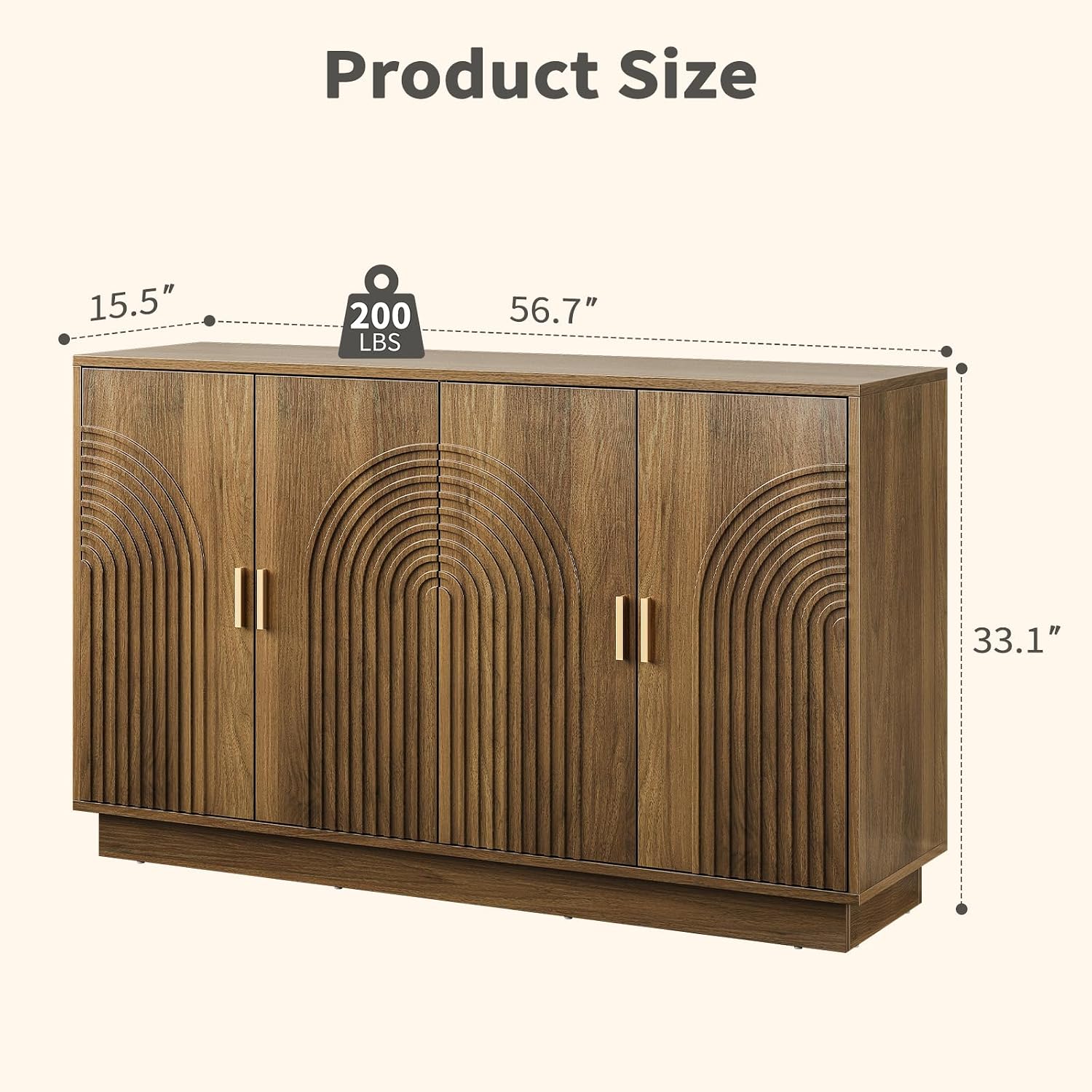 Fluted Sideboard Buffet Cabinet with Storage - 57' Credenza Coffee Bar Cabinet with 4 Doors, Accent Kitchen Storage Cabinets with Adjustable Shelves for Living Room & Kitchen, Entryway, Walnut