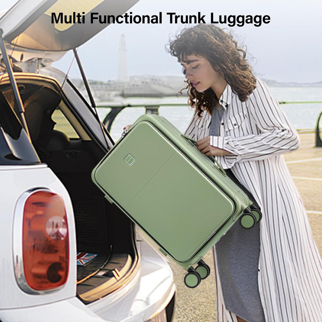 Hanke 24 Inch Checked Luggage with Cup Holder and USB Ports,Top Opening Hard Shell Suitcase with Wheels,Aluminum Frame Trunk Luggage with Foldable Dividers & TSA Lock for Travel, Bamboo Green