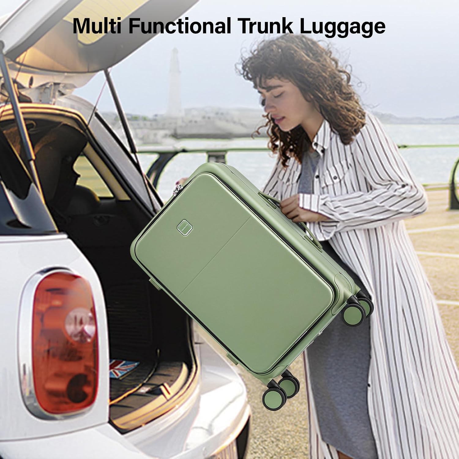 Hanke 24 Inch Checked Luggage with Cup Holder and USB Ports,Top Opening Hard Shell Suitcase with Wheels,Aluminum Frame Trunk Luggage with Foldable Dividers & TSA Lock for Travel, Bamboo Green