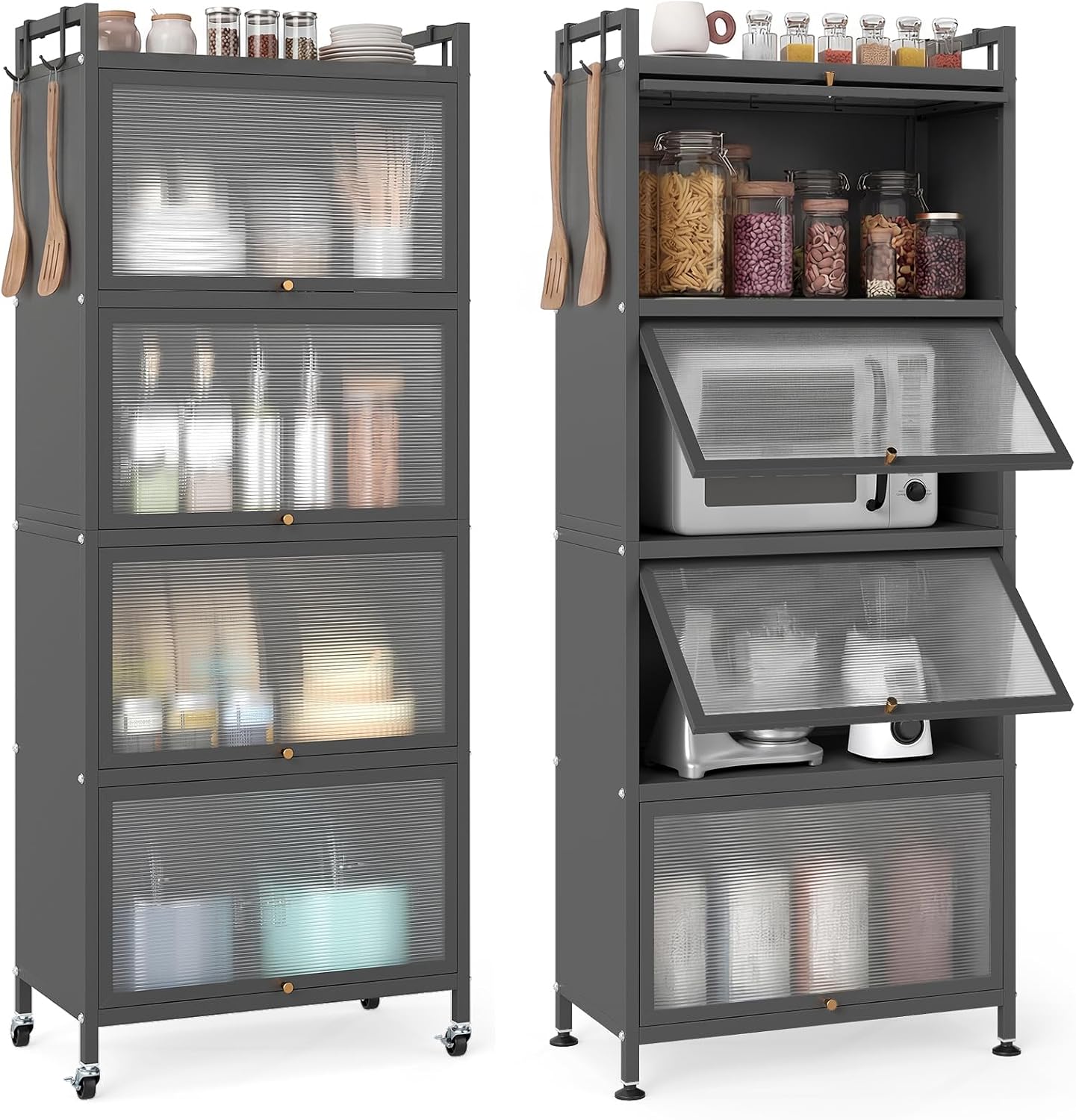 Giantex 5-Tier Kitchen Storage Cabinet, Freestanding Metal Pantry Cabinet w/ 4 Flip-up PC Doors, 4 Hooks & Adjustable Feet, 60' Tall Bakers Rack Microwave Stand for Dining Room, Living Room, Grey