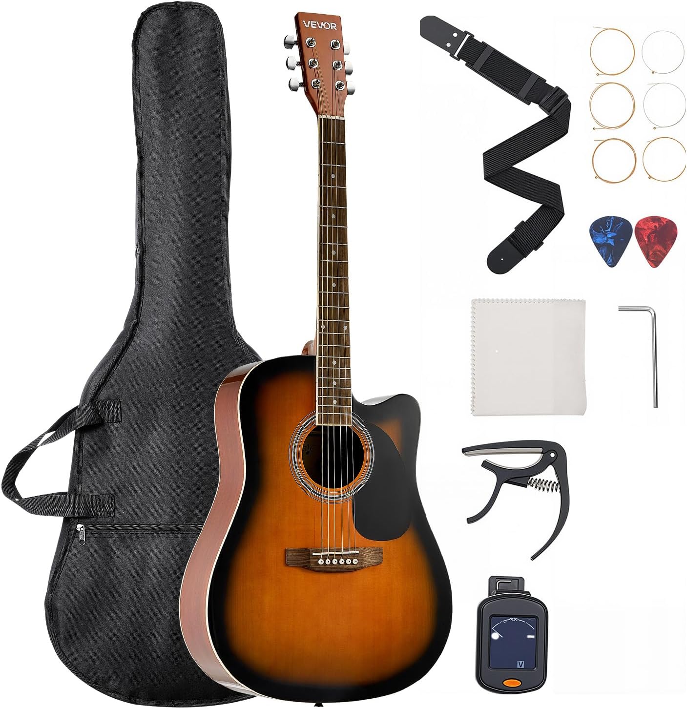 VEVOR 41 in Cutway Acoustic Guitar, 6-String, Sunburst Solid Spruce Top Guitar, Beginner Bundle with Gig Bag, Tuner, Strap, Steel Strings, Picks, Capo, Rosewood Fingerboard, for Fingerstyle Solo Jazz