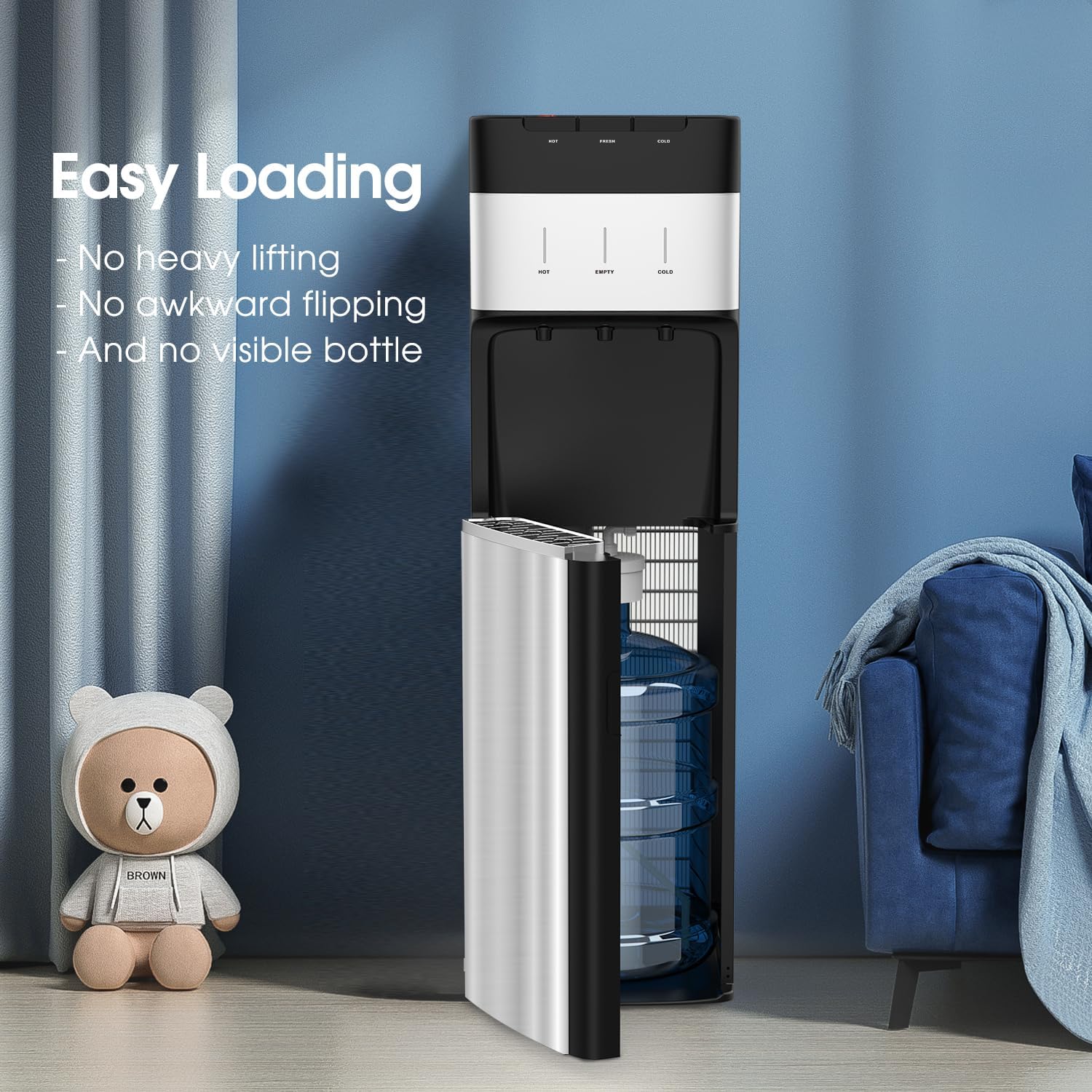 VECYS Self-Cleaning Bottom Loading Water Dispenser for 3-5 Gallon Bottle, 304 Stainless Steel Reservoirs & Intake Tube, Hot Cold Room Temperature Water Cooler, Child Safety Lock