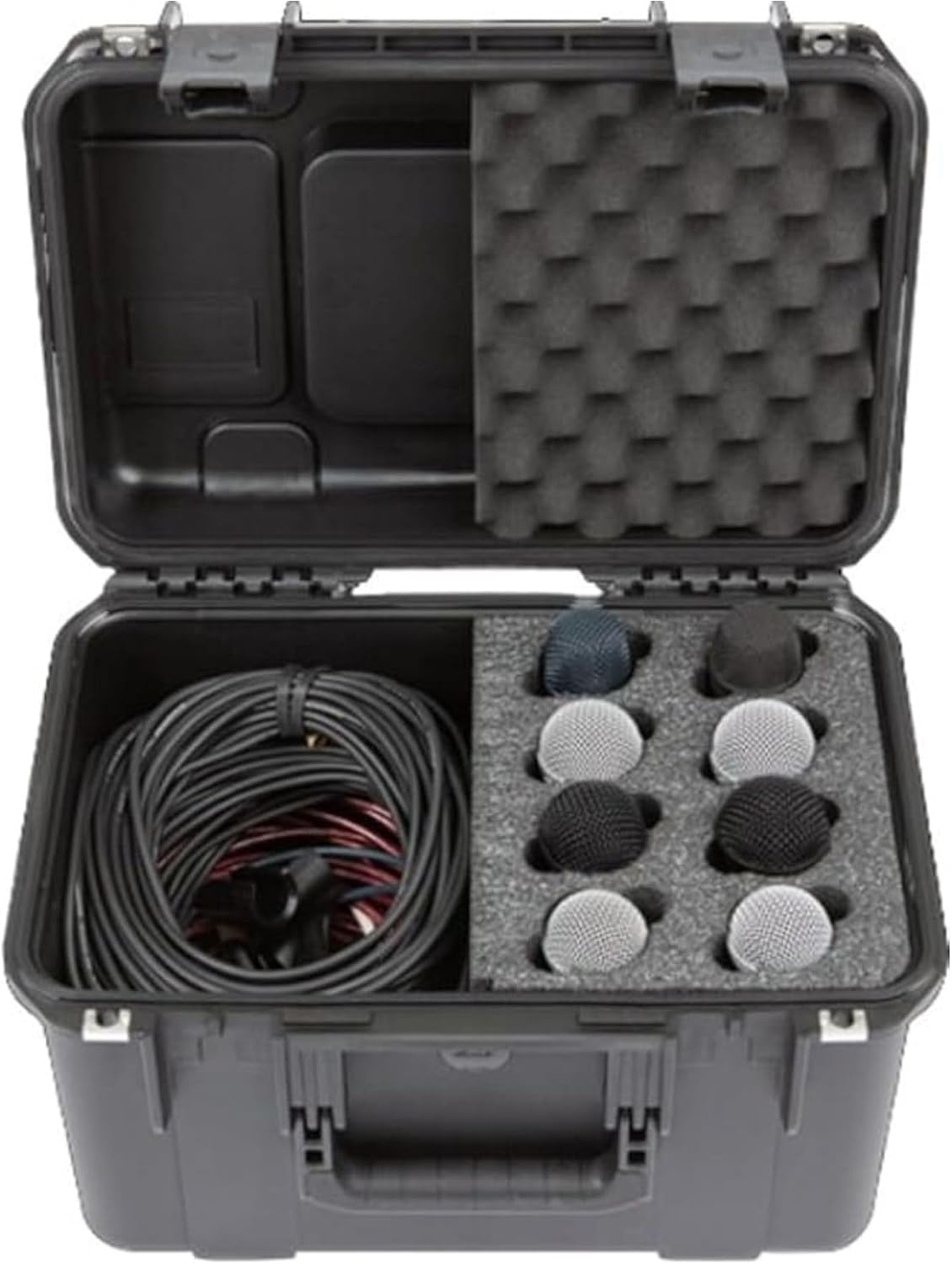 SKB iSeries Microphone Hard Case, Waterproof Polypropylene Shell with 8-Slot Foam Interior, Cable Storage and Wheels for Mic System Protection