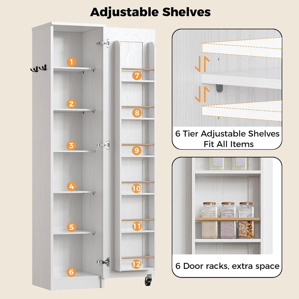 IRONCK Narrow Kitchen Pantry Storage Cabinet, 72' Slim Single Door with 6 Adjustable Shelves, Door Rack and Wheels, Space Saving Freestanding Storage Floor Cabinet for Small Place, White
