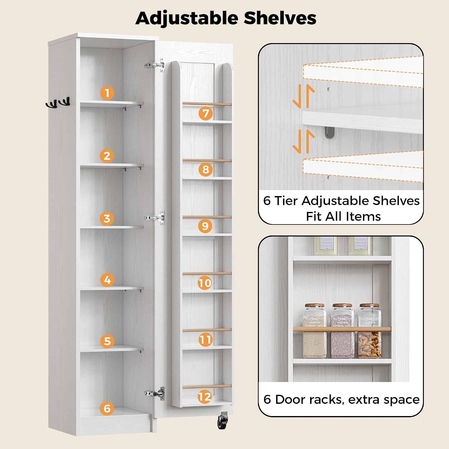 IRONCK Narrow Kitchen Pantry Storage Cabinet, 72' Slim Single Door with 6 Adjustable Shelves, Door Rack and Wheels, Space Saving Freestanding Storage Floor Cabinet for Small Place, White