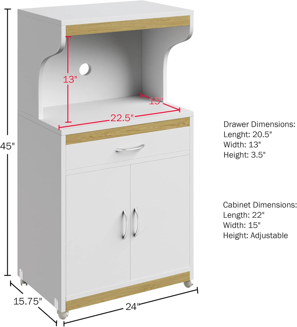 Microwave Stand with Storage – Rolling White Cabinet with Doors, Drawer, and Locking Wheels – Freestanding Wood Cart by Lavish Home (White and Oak)