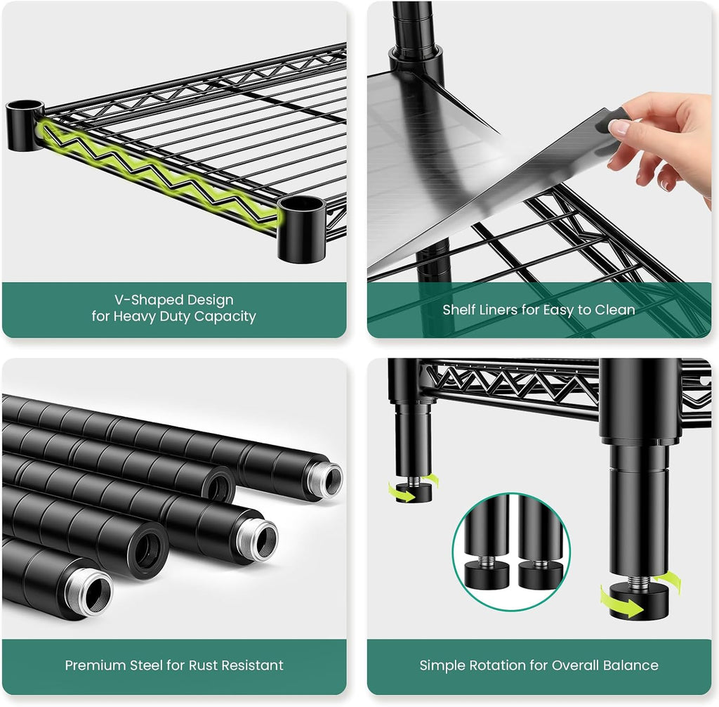 48' W Garage Shelving 1875LBS Heavy Duty Wire Shelving Unit, Metal 5-Tier Adjustable Steel Storage Rack with Liners, Storage Tote Rack, 48' W x 18' D x 72' H for Garage Commercial, Black