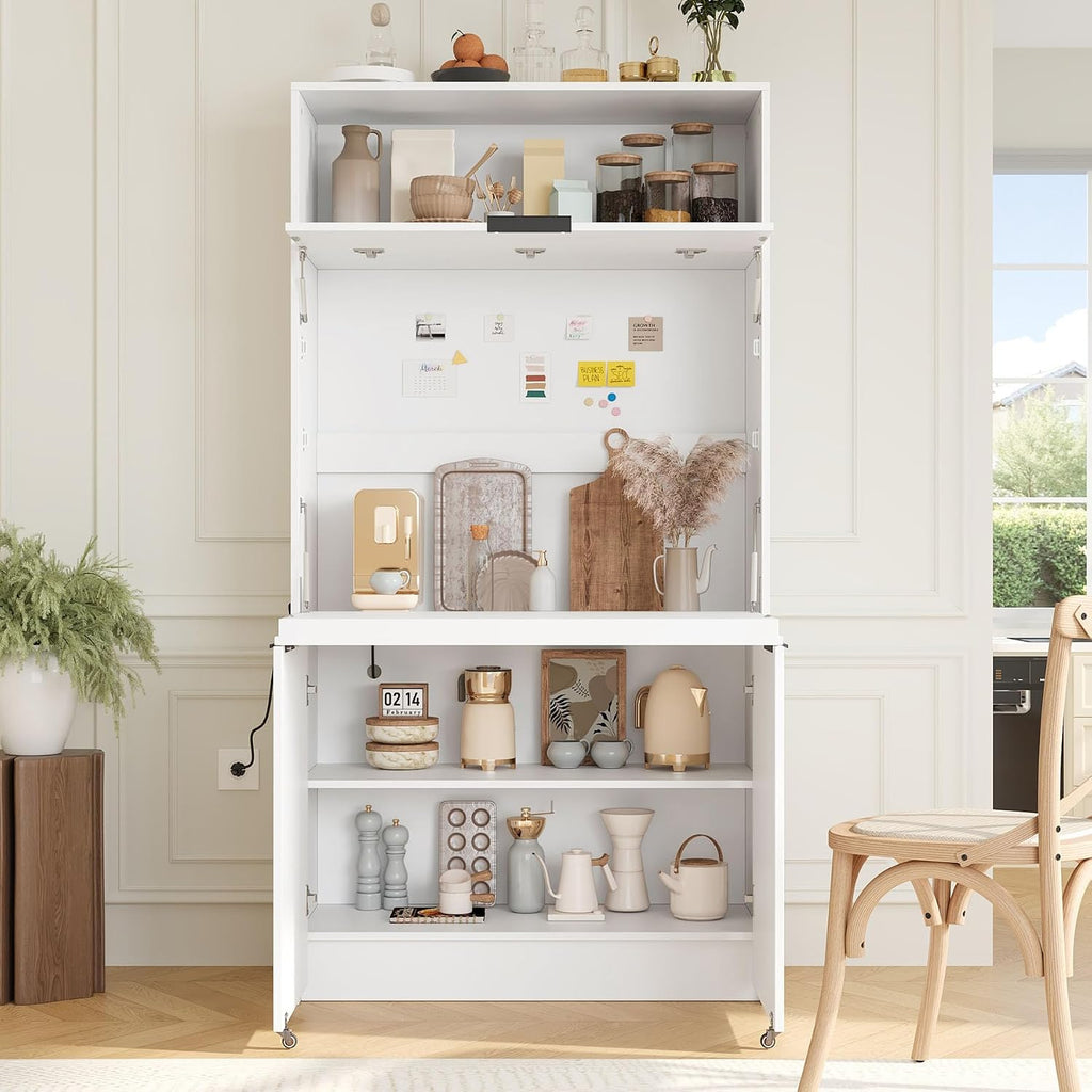 Farmhouse Pantry Cabinet with Foldable Workstation, 69' Tall Buffet with Hutch and Storage, Multifunctional Kitchen Cabinet with Adjustable Shelf and Power Outlet for Dining Room (White)