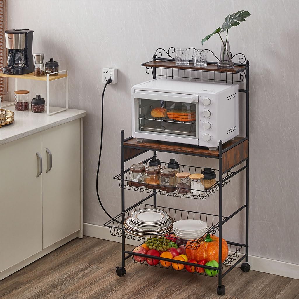 Large Bakers Rack Microwave Stand with Power Outlets & Oven shelf Wire Basket, Kitchen Storage Shelf with Wheels and Removable Micorwave Coffee Bar for Living Room, Spice, Pots and Pans Organiz