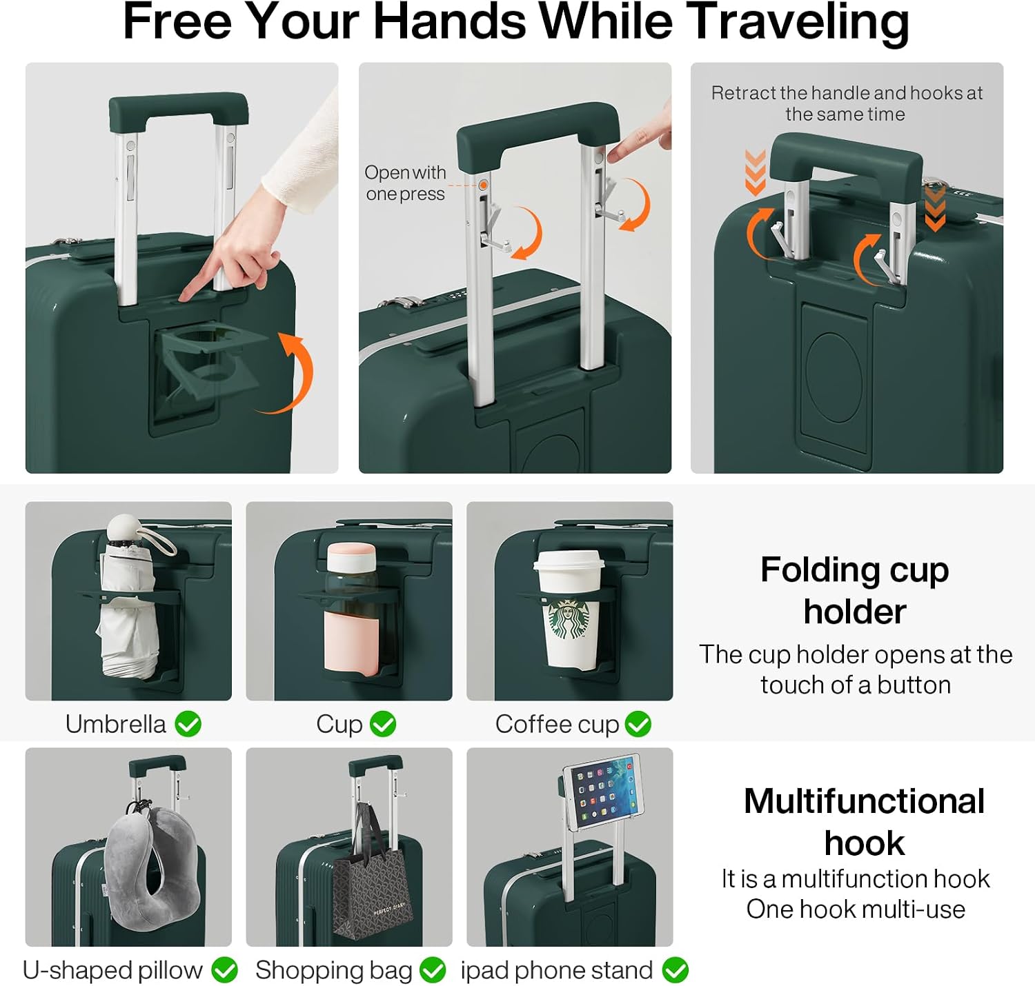 mixi 2-Piece Luggage Sets with Cup Phone Holder and Charger Hard Shell Suitcases with Spinner Wheels, 20+26 Inch Blackish Green