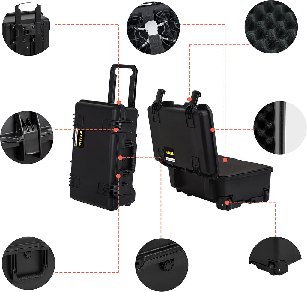 MEIJIA Premium Waterproof Hard Compact Rolling Camera Case with customizable fit foam and wheels,Full Protection with Light&Convenient Design,21.7'x14.1'x8.8',Elegant Black