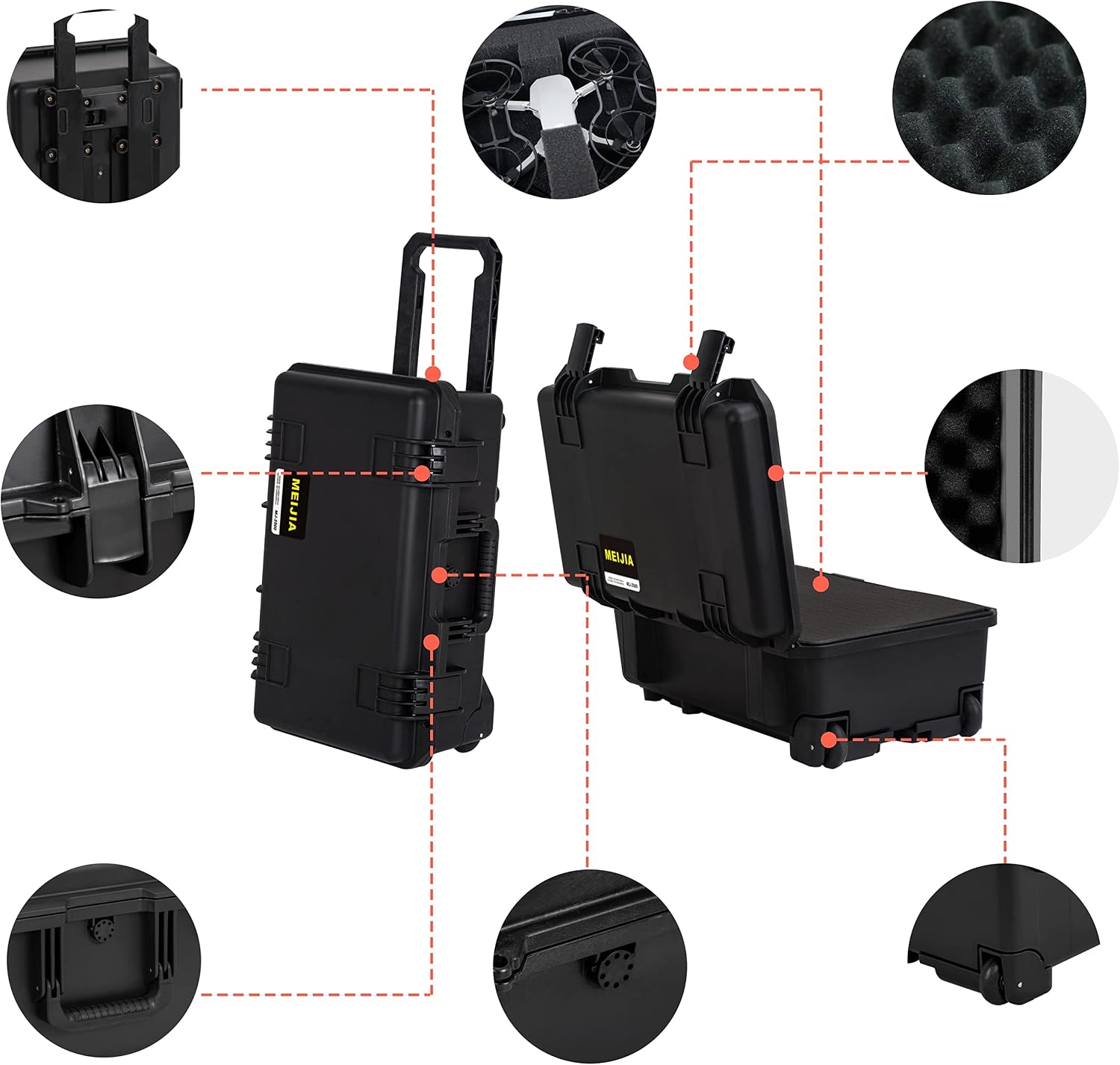 MEIJIA Premium Waterproof Hard Compact Rolling Camera Case with customizable fit foam and wheels,Full Protection with Light&Convenient Design,21.7'x14.1'x8.8',Elegant Black