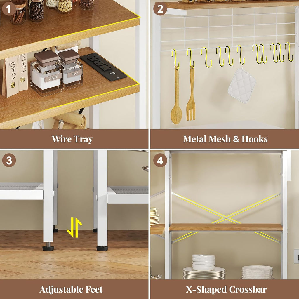 L-Shaped Bakers Rack with Power Outlet, 6-Tier Microwave Stand with Open Storage, Kitchen Shelf with Hooks, Coffee Bar with Wire Basket, White