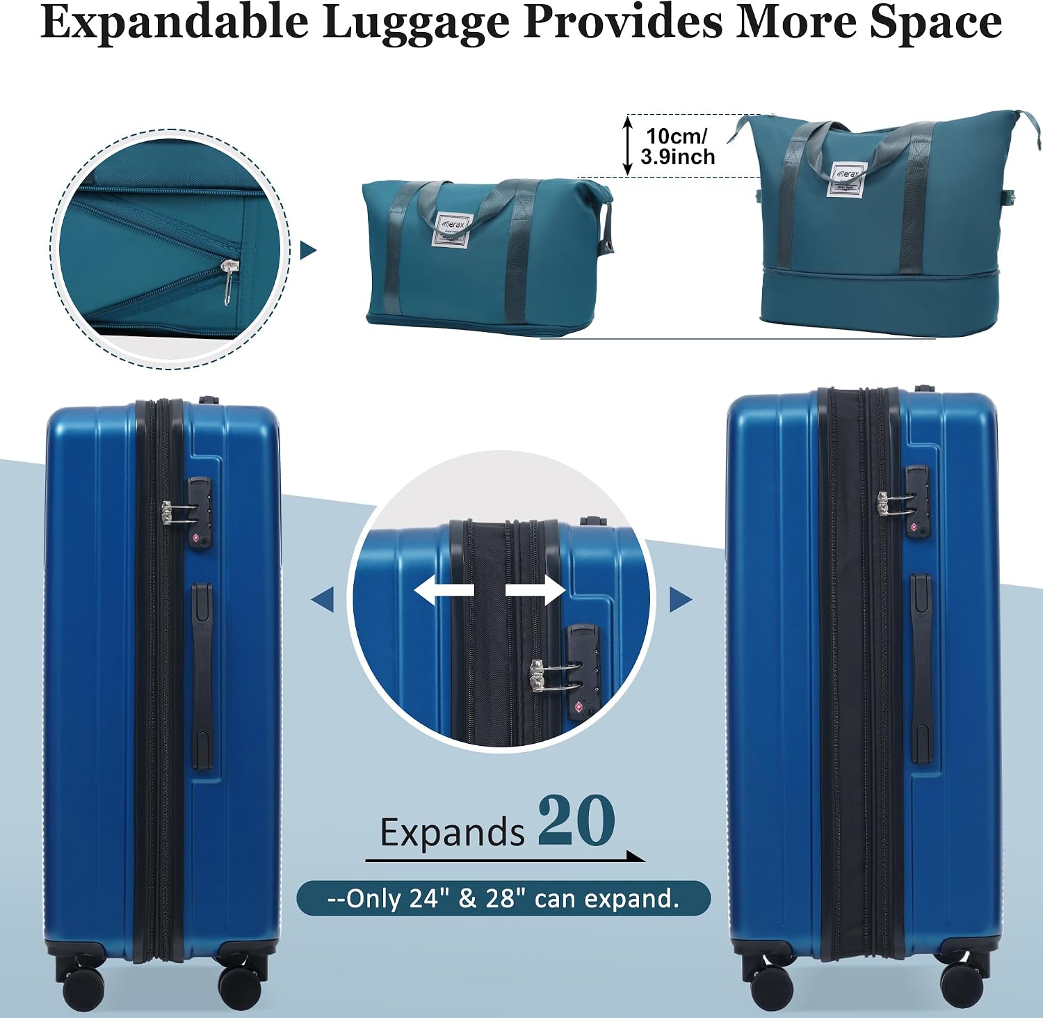 Merax Luggage Sets 5 Piece with Half-opening, Hardside 20' Carry On Suitcase Set with USB Port,Lightweight Travel 24' 28' Luggage with Bags TSA Locks Double Spinner Wheels,Blue