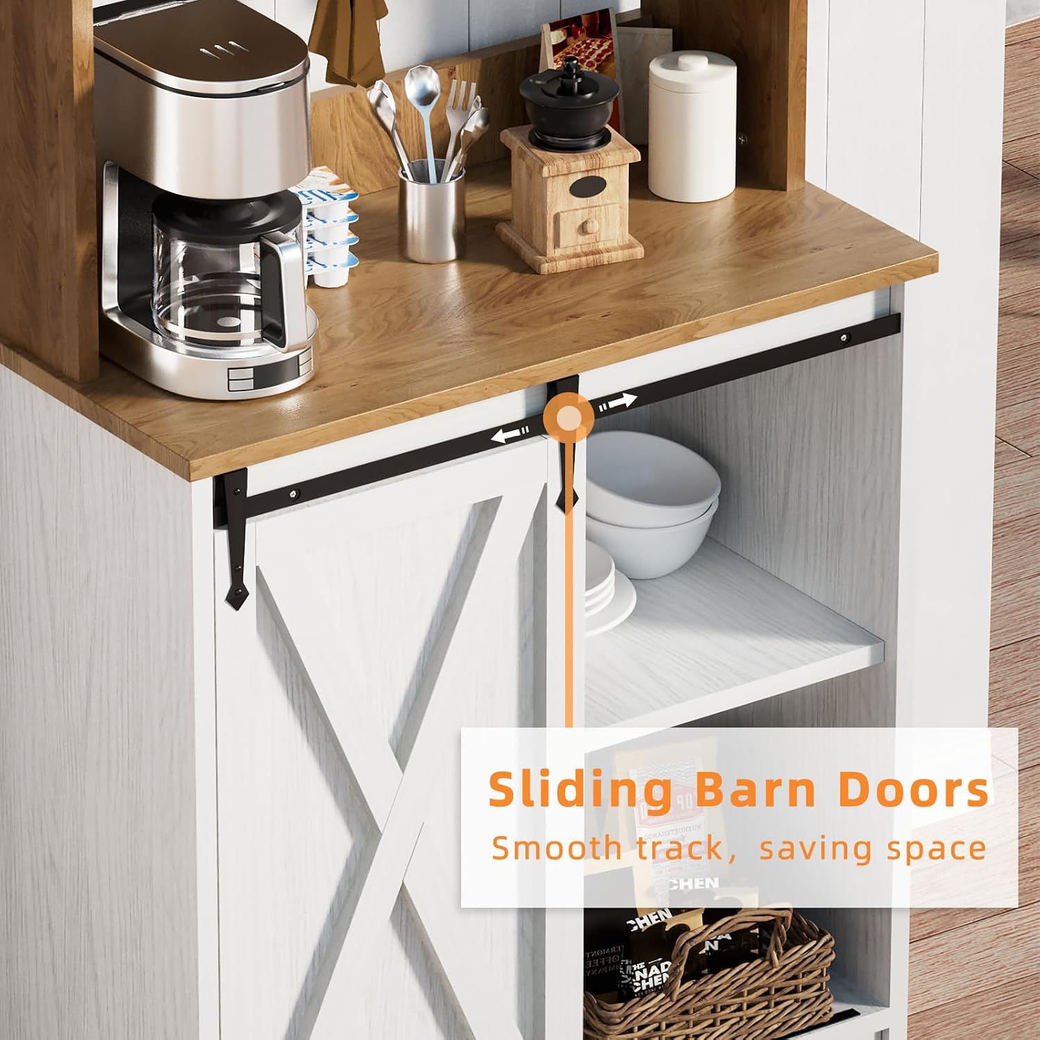 BestHaped Farmhouse Coffee Station with 3 Tier Storage Hutch & 6 Hooks - 56 Inch Small Coffee Bar Table with Adjustable Shelves for Living/Dining Room