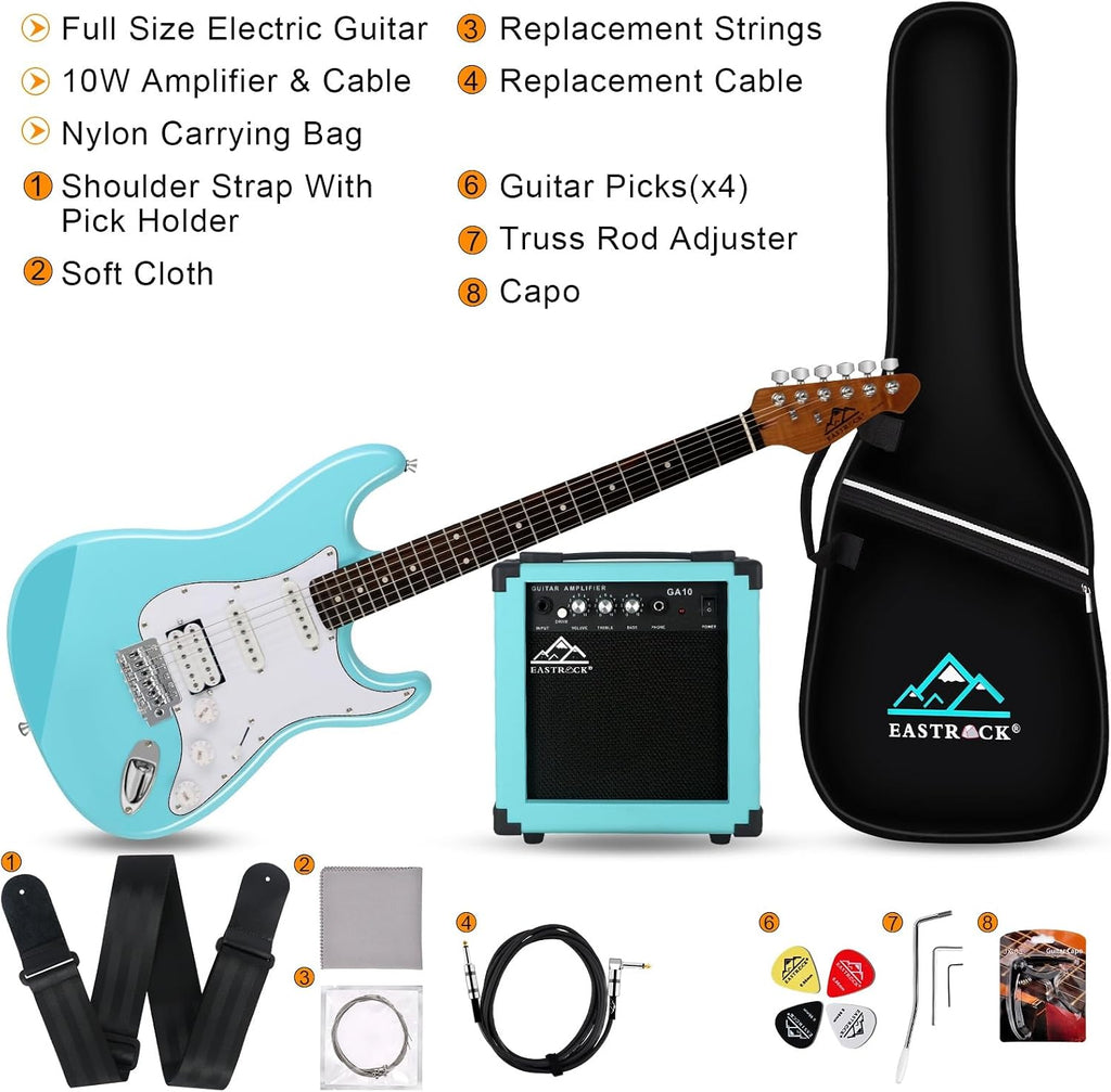 EASTROCK Electric Guitar 39 inch Full Beginner Starter kit Full Size with 10w Amp, Package All Accessories, Strings, Picks, Tremolo Bar, Strap, and Case Bag(Macaron blue)