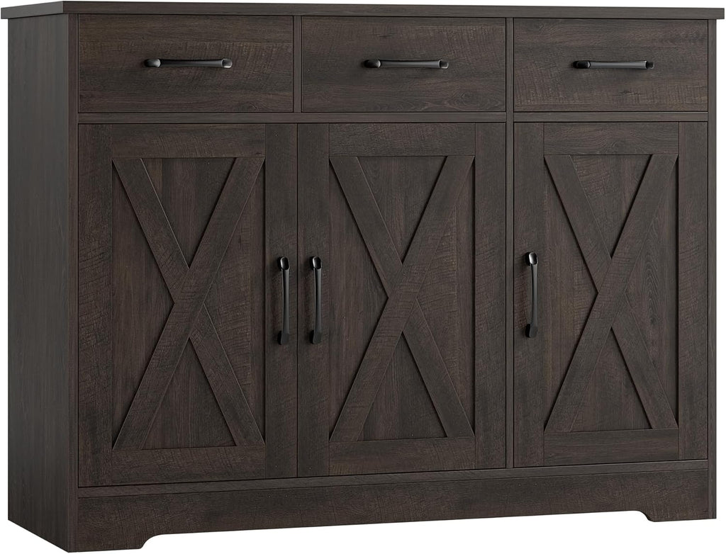 HOSTACK Modern Farmhouse Buffet Sideboard Cabinet, Barn Doors Storage Cabinet with Drawers and Shelves, Wood Coffee Bar with Storage for Dining Room, Kitchen, Living Room, Dark Brown