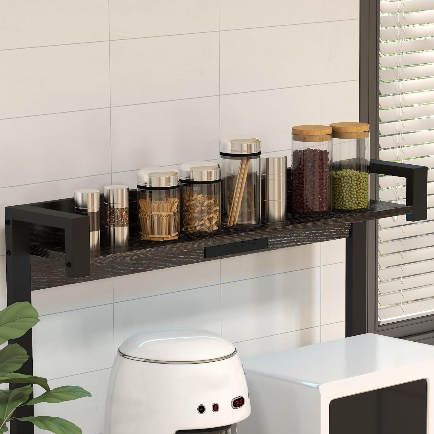 Rack with Power Outlet and LED Lights, Bakers Racks for Kitchens with Storage, Industrial Microwave Stand with Glass Holders, Metal Basket, Multiple Shelves, Gray