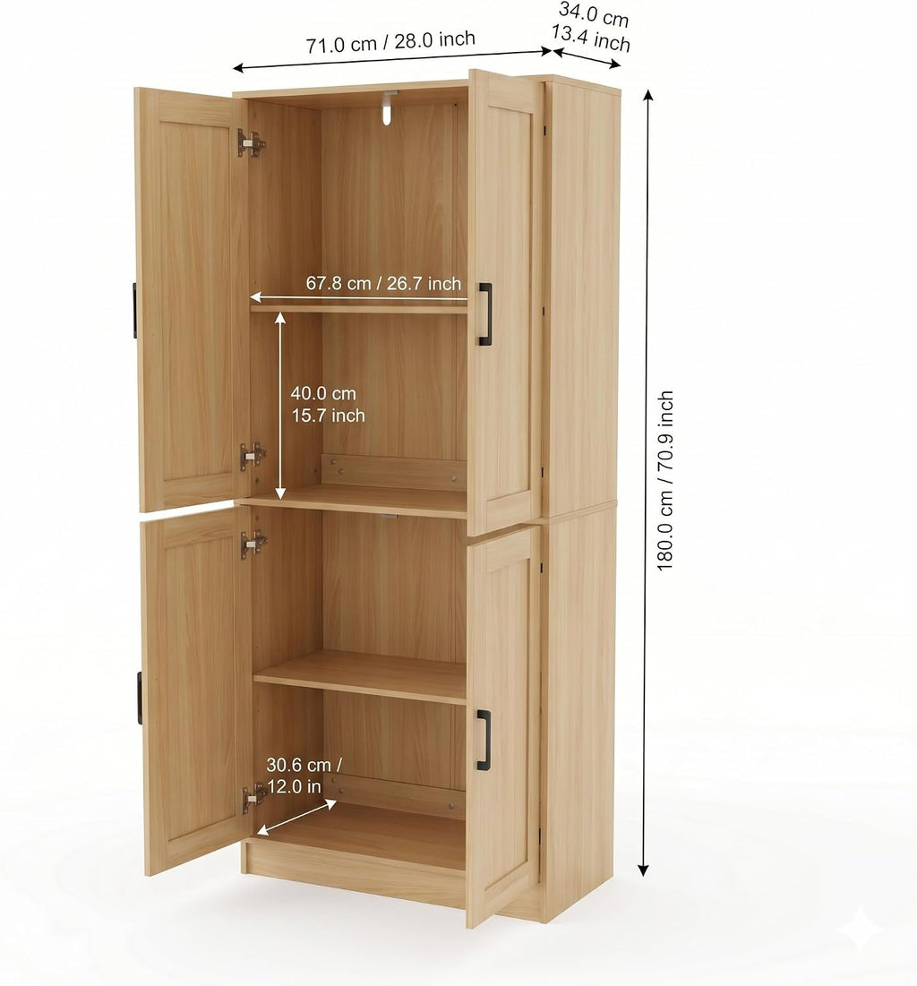 DIYART 71' Tall Kitchen Pantry Cabinet, Freestanding Food Storage Organizer with Doors & Adjustable Shelves, Large Utility Hutch Cupboard for Dining Room, Kitchen & Home Office, Oak