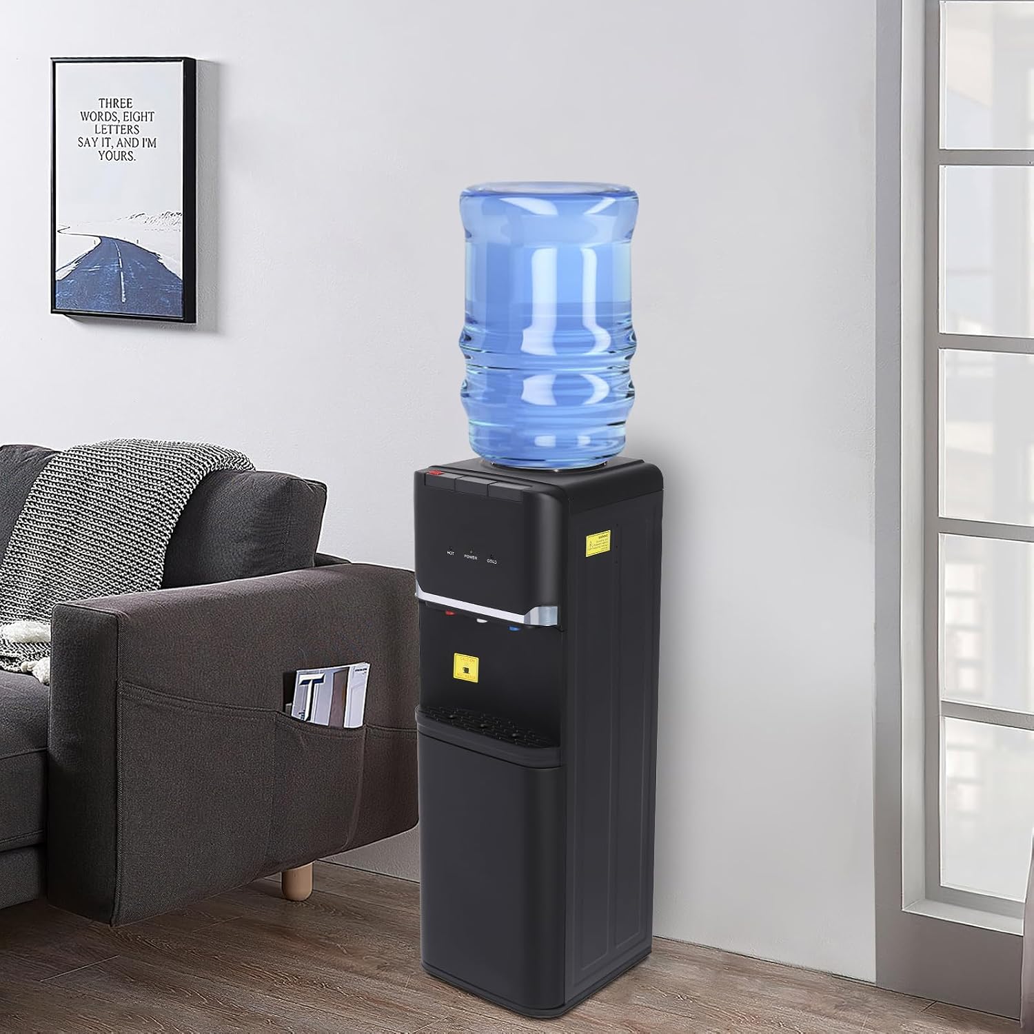 Top Loading Water Cooler Dispenser Freestanding, 5 Gallons Water Coolers with Hot & Cold & Warm Water, Child Lock, Removable Drip Tray & Storage Cabinet, Slim Design, for Home, Office, Commercial