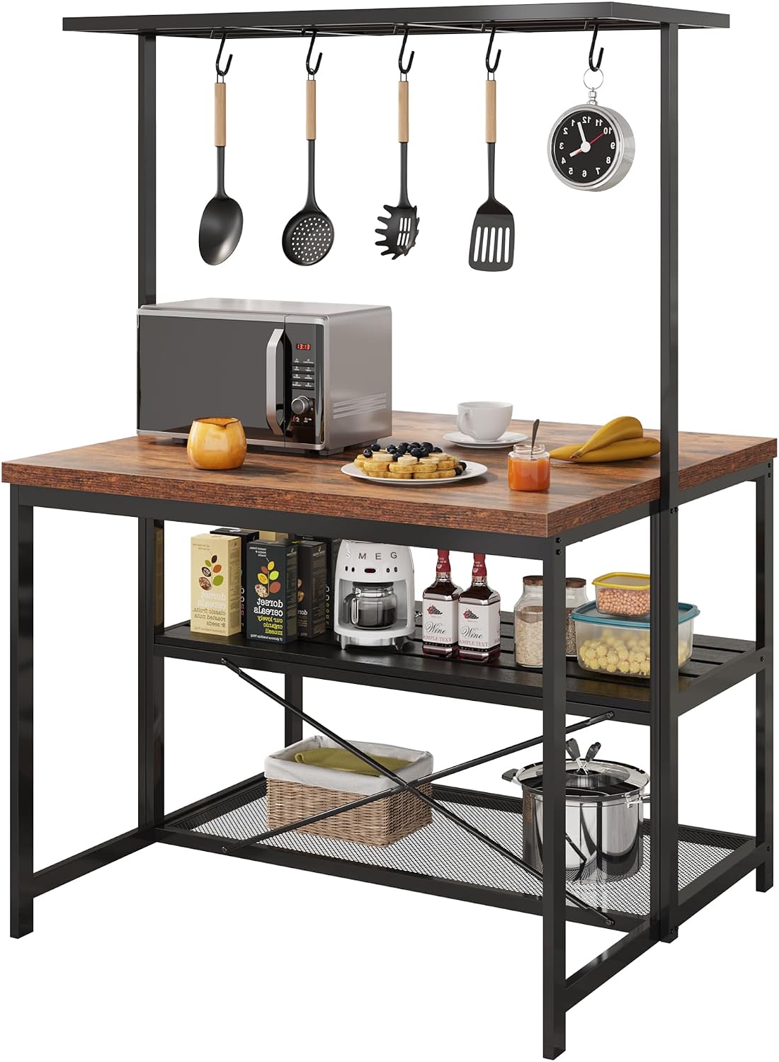 Kitchen Island with 3 Tier Storage Shelf, 42'' Wooden Island Table with Bakers Rack, Microwave Oven, 5 Hooks for Kitchen, Living Room, Dining Room, Modern Bar Table and Chairs Set for 2