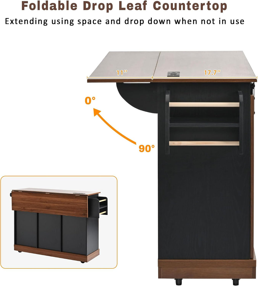 55.5' Farmhouse Kitchen Island with Drop Leaf, Kitchen Storage Island with Barn Door, Power Outlet, Rolling Kitchen Cart on Wheels with Spice Rack, for Home, Kitchen, Dining Room (Black)