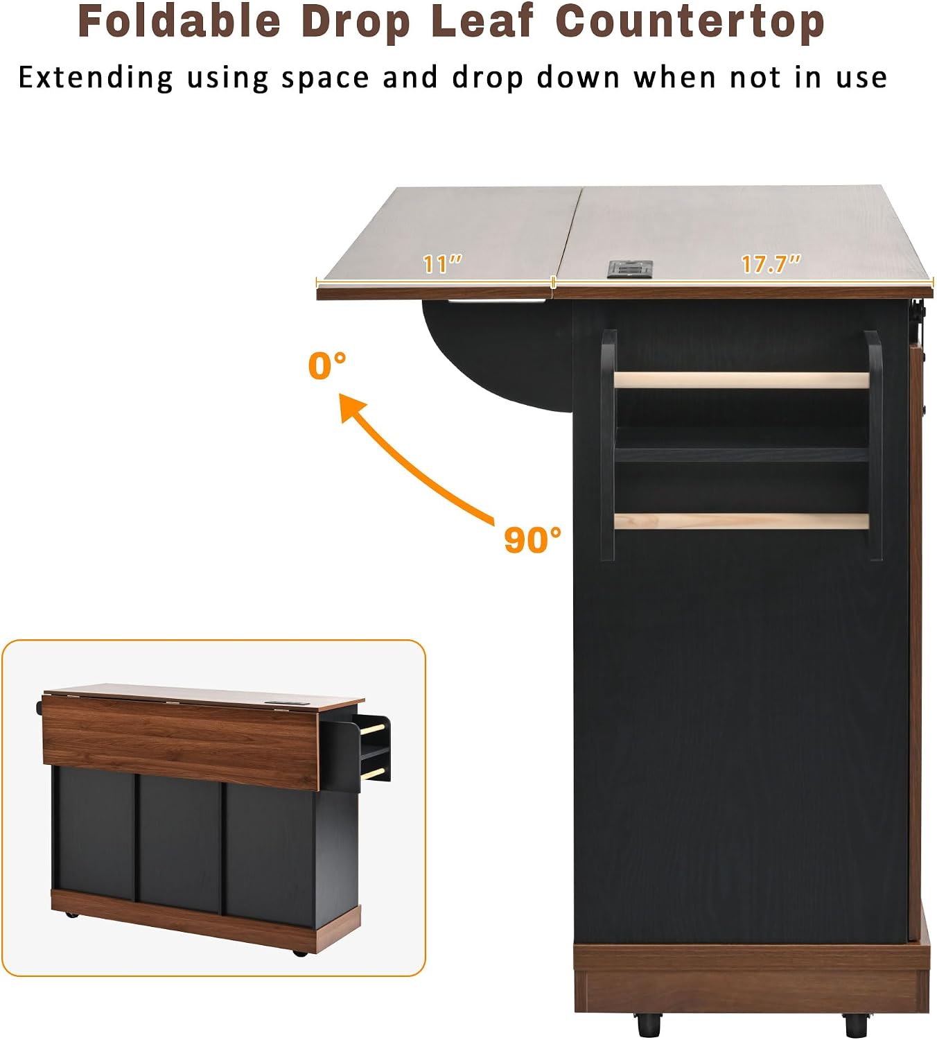 55.5' Farmhouse Kitchen Island with Drop Leaf, Kitchen Storage Island with Barn Door, Power Outlet, Rolling Kitchen Cart on Wheels with Spice Rack, for Home, Kitchen, Dining Room (Black)