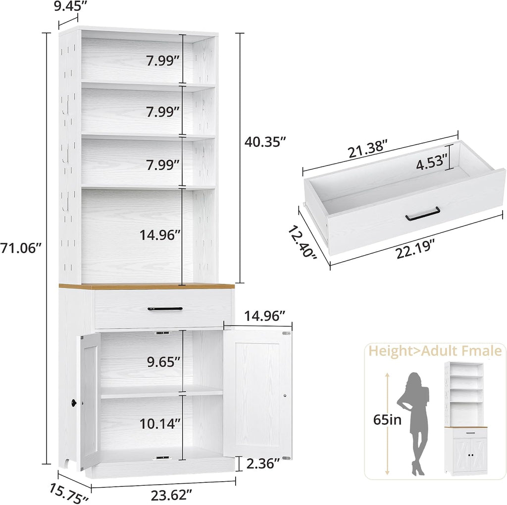 IRONCK Bakers Rack Microwave Stand with Customizable Pegboard and Storage, 71' Farmhouse Coffee Bar Cabinet with Drawer, Barn Doors, Adjustable Shelves for Kitchen, Dining Room, 23.6' White