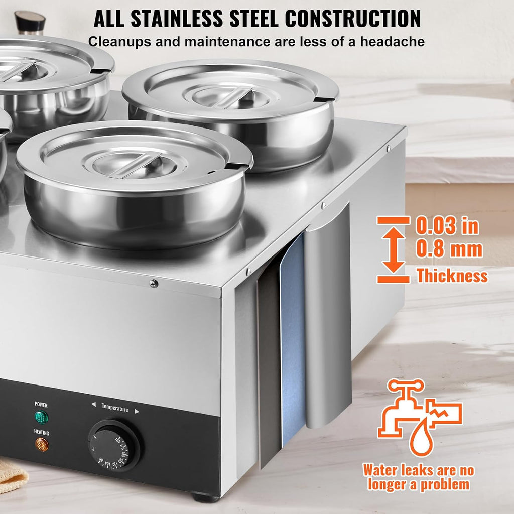 ETL Listed VEVOR Electric Soup Warmer, Four 7.4QT Stainless Steel Round Pot 86~185°F Adjustable Temp, 1500W Commercial Bain Marie with Anti-Dry Burn, Soup Station for Restaurant, Buffet, Silver