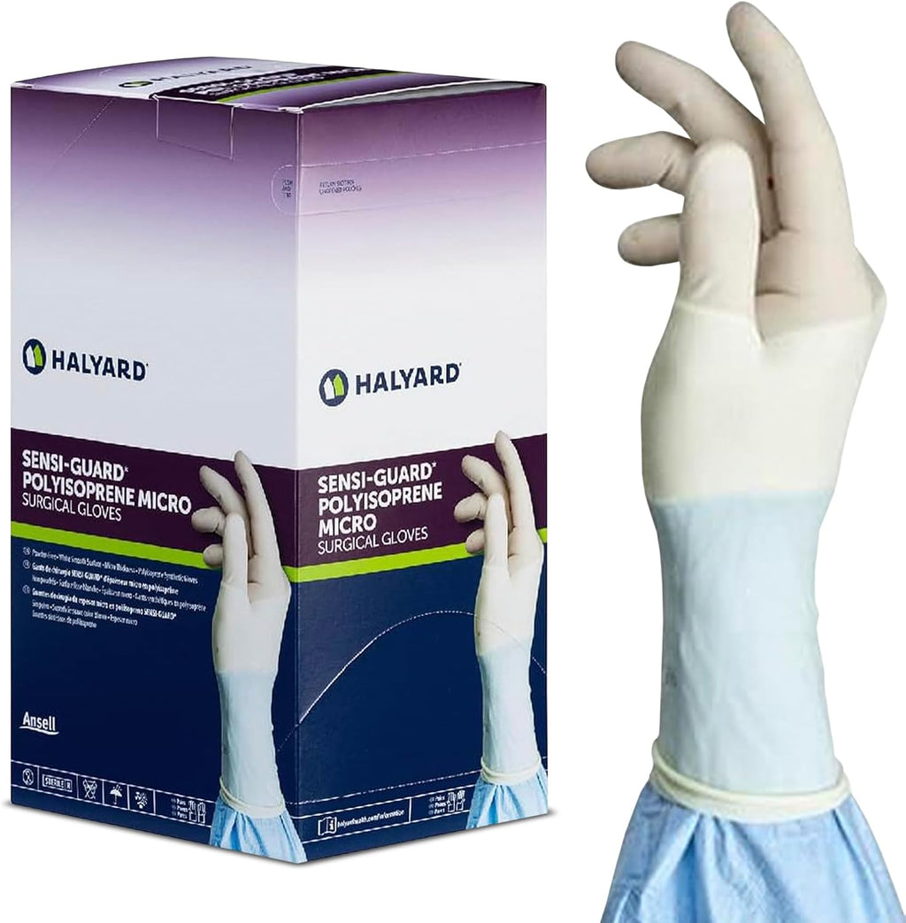 HALYARD SENSI-GUARD Micro Surgical Gloves Polyisoprene Sterile Individually Wrapped Pairs Powder Free Medical Disposable Gloves, 7.8 mil, Size 5.5 XS, White, SGL91055 (Box of 50 Pairs - 100 Total)