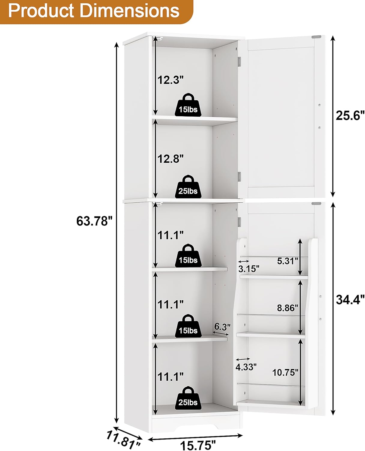 Yusong 64' Tall Farmhouse Bathroom Storage Cabinet, Freestanding Narrow Linen Cabinet, Wooden Pantry Cabinet with Adjustable Shelves, Slim Floor Storage Organizer for Kitchen Laundry Dining Room