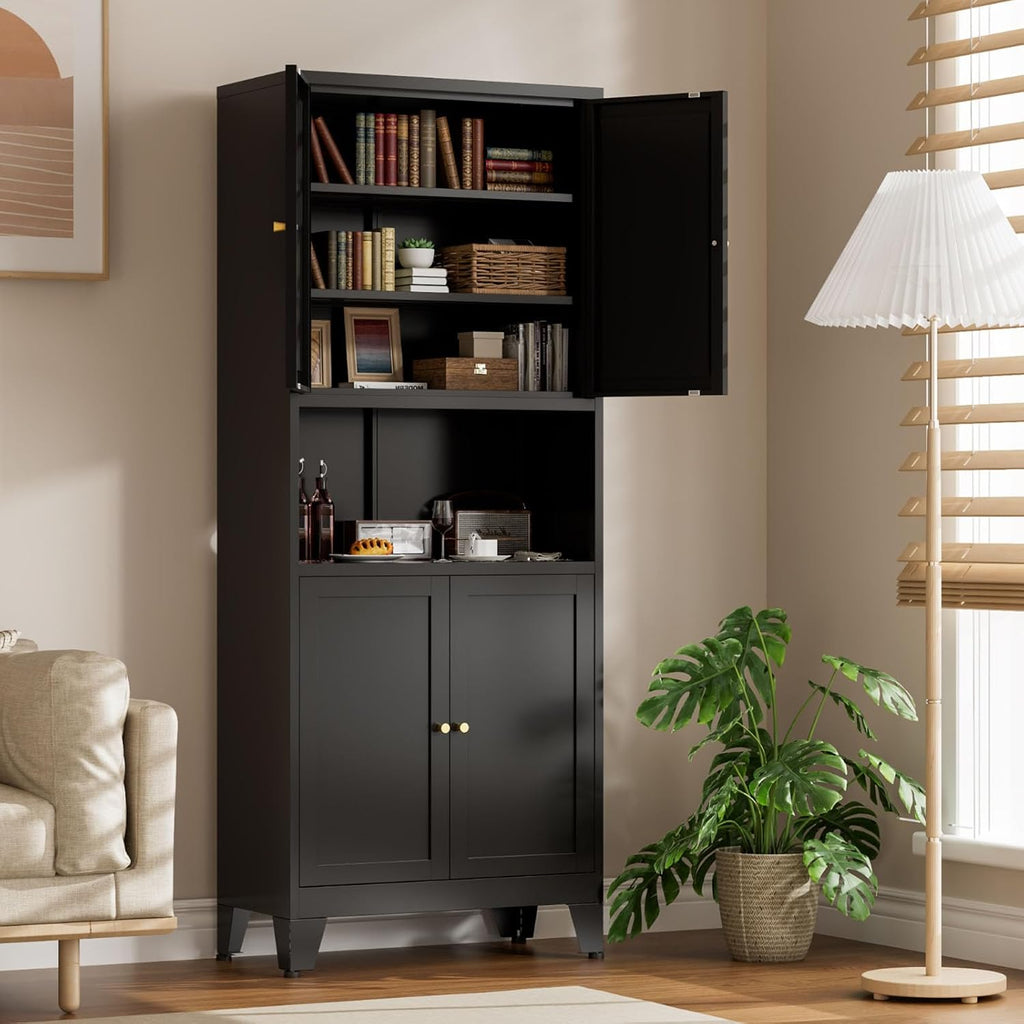 Metal Kitchen Pantry Cabinet, 69' Tall Black Storage Cabinet with 4 Doors and 3 Adjustable Shelves, Freestanding Cupboards with Microwave Stand for Dining Room, Living Room, Bathroom