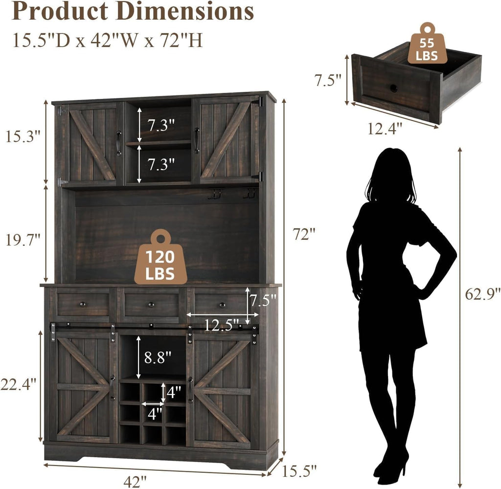 Farmhouse Coffee Bar Cabinet with Wine Rack, 72 'Tall Kitchen Storage Cabinet with 3 Drawers, 9-Bottle Wine Holder, 6 Hooks, Sliding Barn Doors and Adjustable Shelves, for Dining Room, Rustic Oak