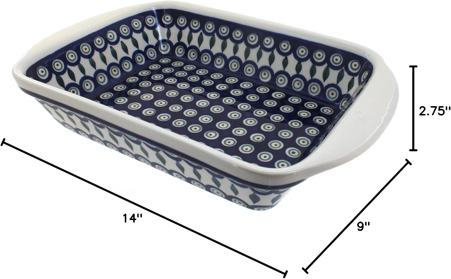 Blue Rose Polish Pottery - Blue Peacock Large Rectangular Baker with Handles - 11.5' x 9.25' - Unique, Dishwasher Safe, & Durable Bakeware