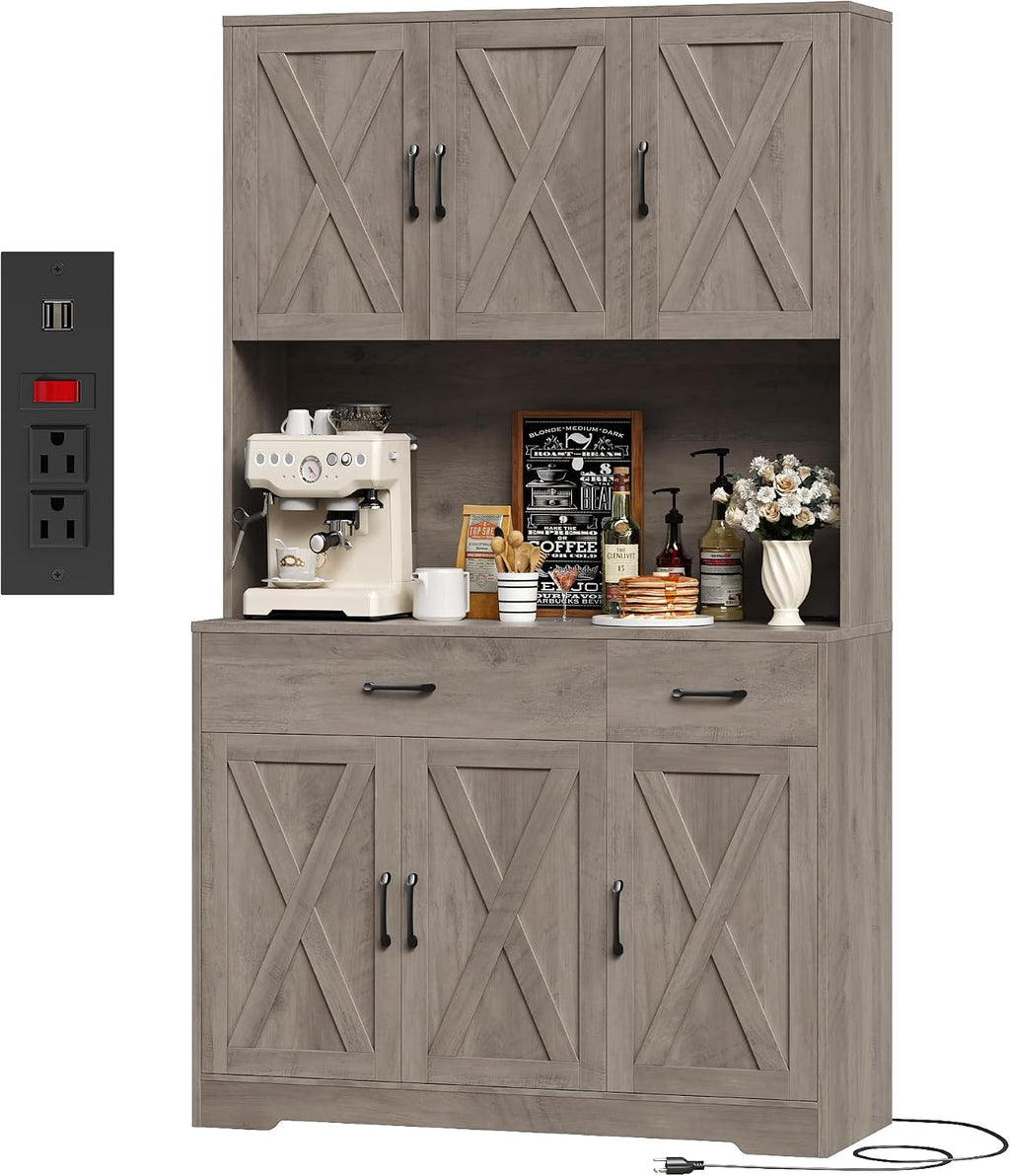 HOSTACK 71' Pantry Cabinet with Charging Station, Tall Kitchen Pantry Storage Cabinet with Microwave Stand, Farmhouse Kitchen Hutch with Storage Drawers for Living Room, Dining Room, Ash Grey