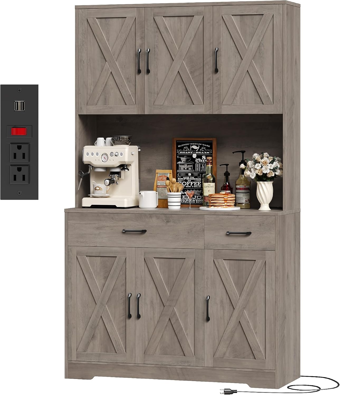 HOSTACK 71' Pantry Cabinet with Charging Station, Tall Kitchen Pantry Storage Cabinet with Microwave Stand, Farmhouse Kitchen Hutch with Storage Drawers for Living Room, Dining Room, Ash Grey