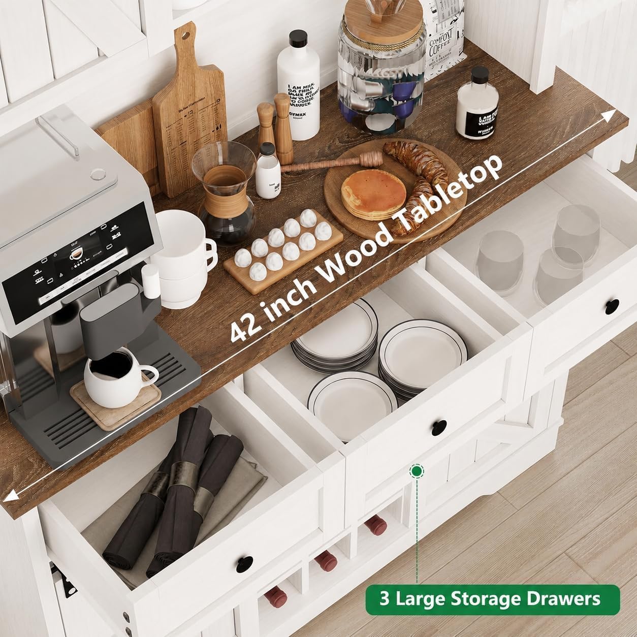 Farmhouse Coffee Bar Cabinet with Wine Rack, 72' Tall Kitchen Storage Cabinet with 3 Drawers, 9-Bottle Wine Holder, 6 Hooks, Sliding Barn Doors and Adjustable Shelves, for Dining Room, White