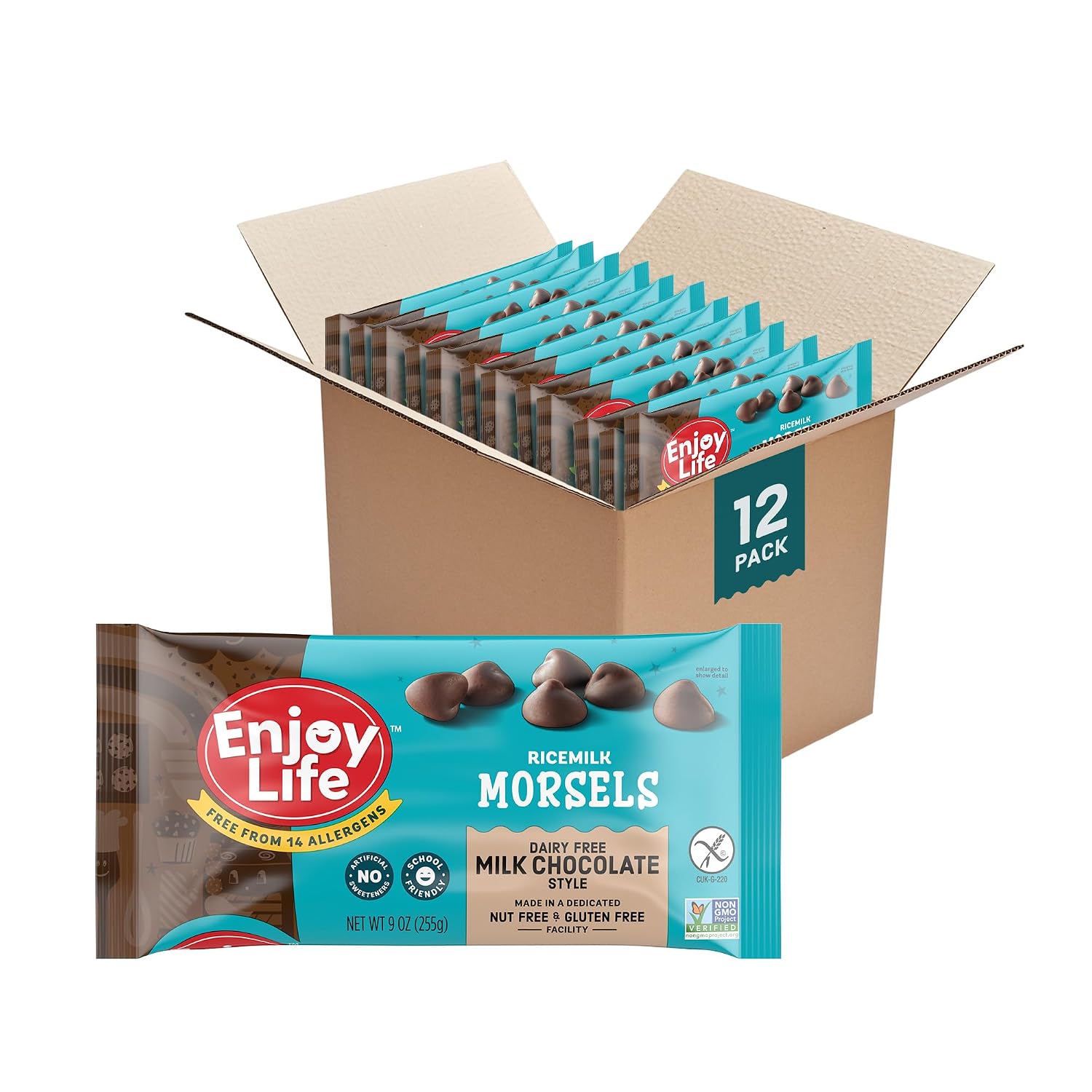 Enjoy Life Ricemilk Baking Morsels Milk Chocolate Flavor, Gluten Free, School Safe, Non GMO, Dairy Free, Soy Free, Vegan, Nut Free Chocolate, 12 Bags (9 oz) Bulk Chocolate