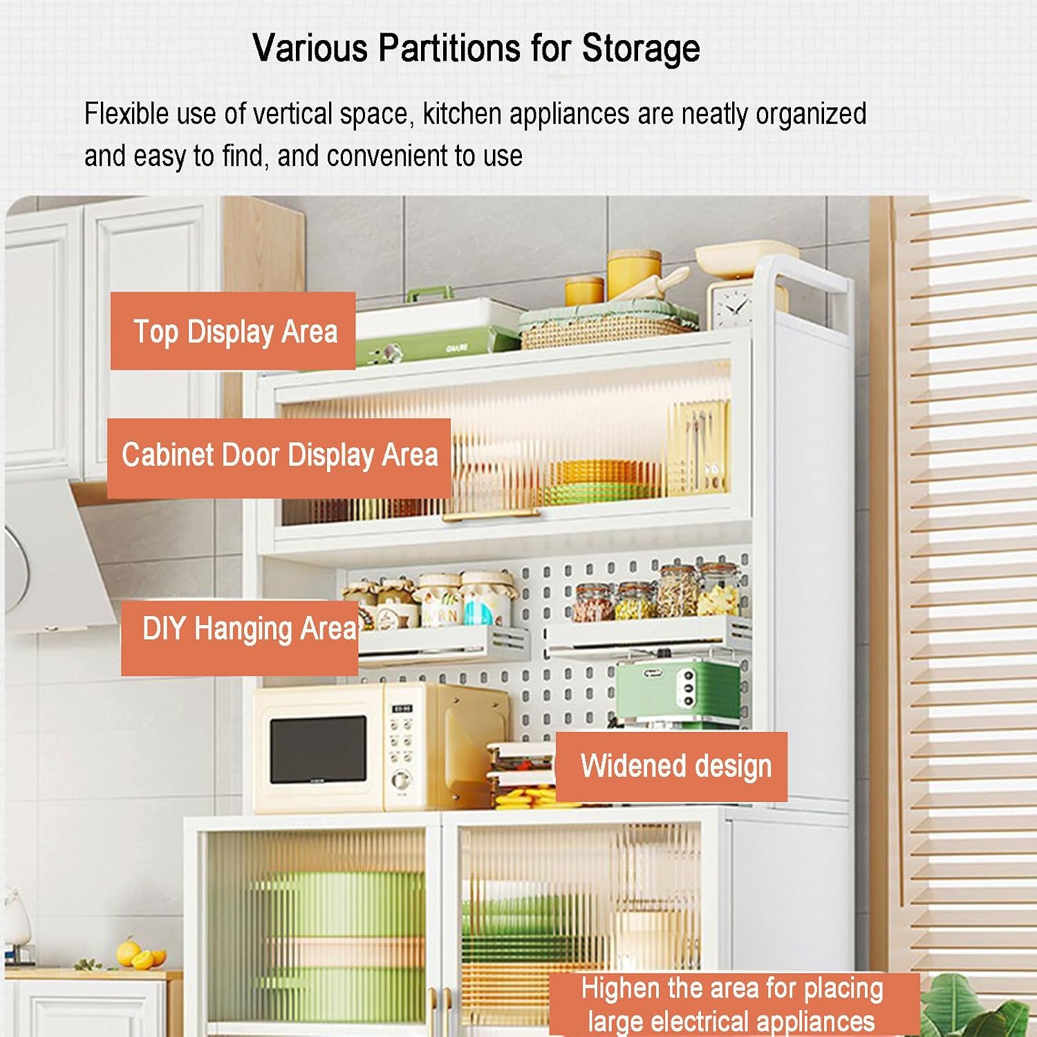 Bakers Rack with Storage Cabinet, Sideboard Cabinet Coffee Bar Cabinet with Power Outlet 5-Tier Microwave Oven Stand with Shelves Kitchen Storage Shelf with Cabinet,60cm