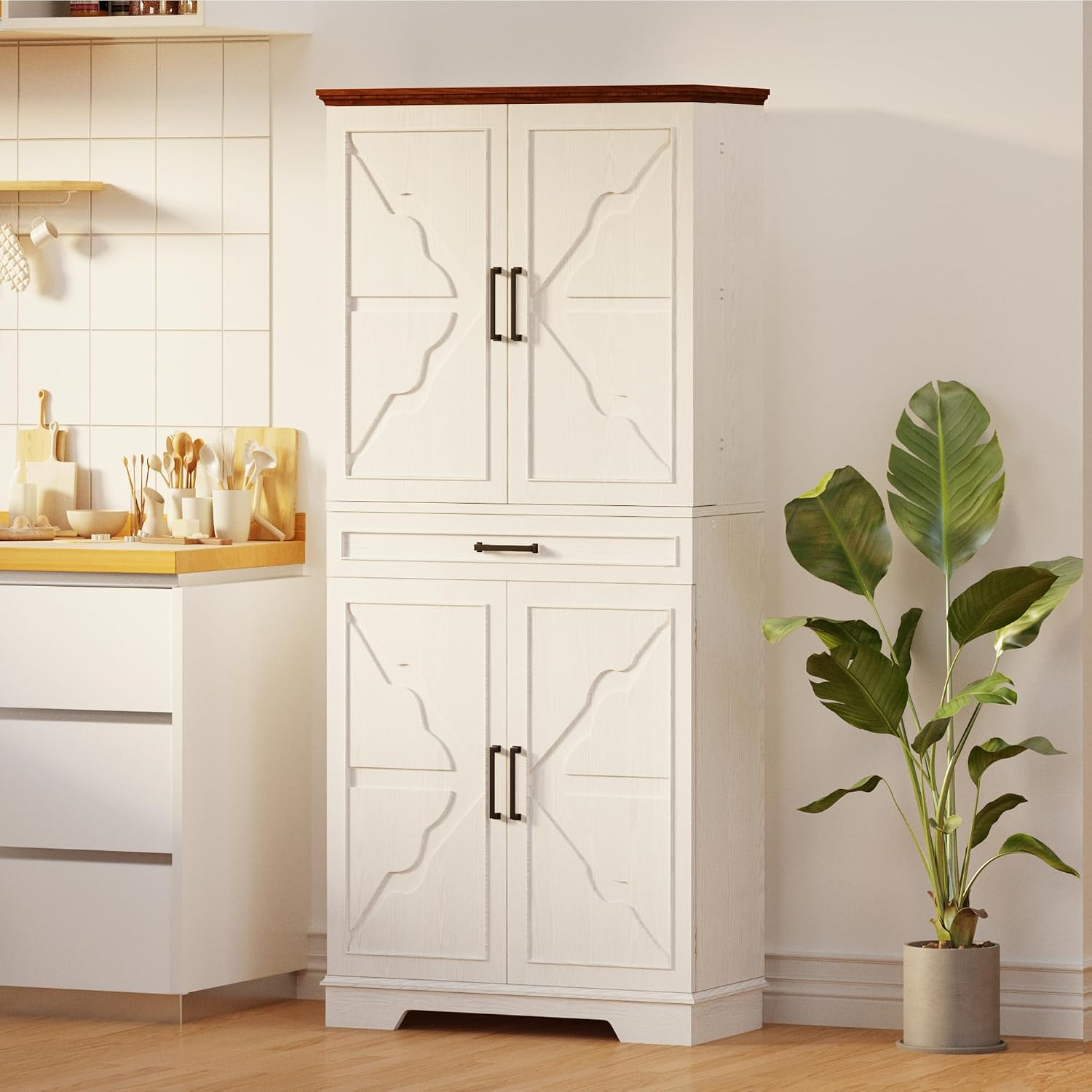 IRONCK Farmhouse Pantry Cabinet, 72' Tall Kitchen Storage Cabinet, Freestanding Cupboard with Sliding Rack & 6 Hanging Shelves,Kitchen Pantry Furniture for Dining Room, Easy Assembly, White
